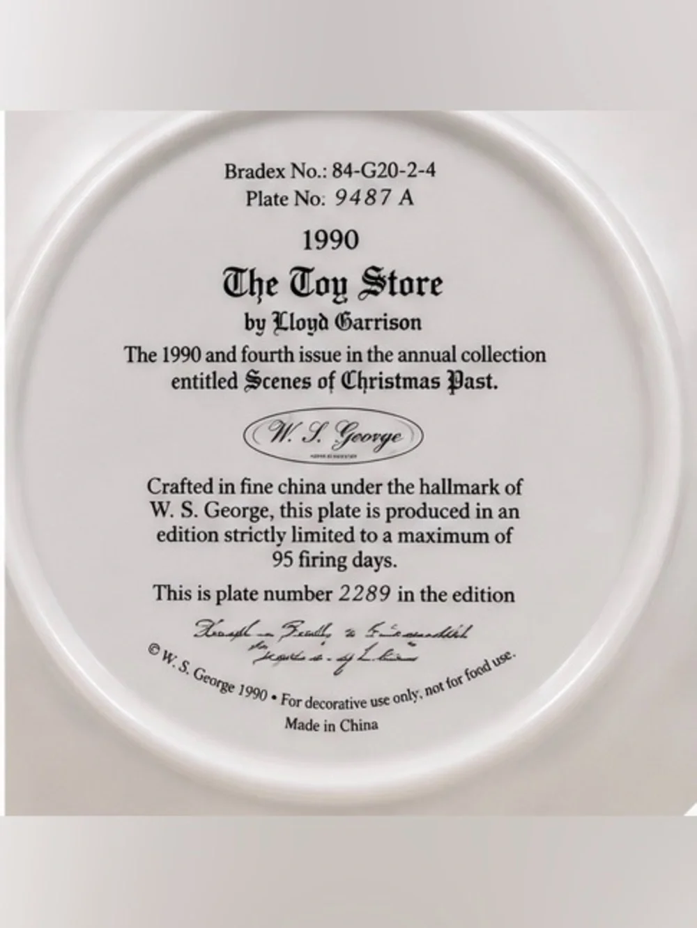 Lloyd Garrison The Toy Store Christmas Collector Plate 1990 W.S. George Scenes